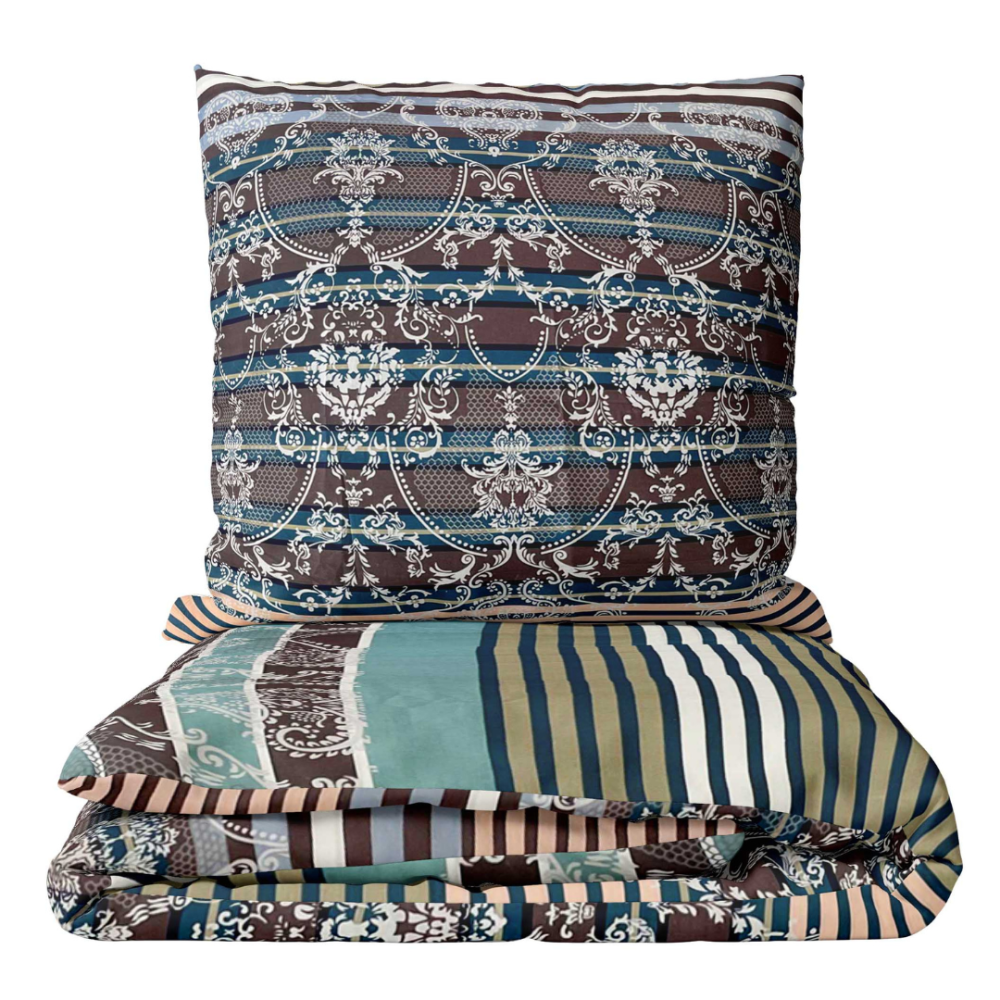 Bettwäsche set "Glimmer". Bettwäsche Baumwolle, 135/140x200 cm, 150x200 cm, 155/160x200 cm, 180x200 cm, 200x200 cm, 200x220 cm. Dunkles bettwäscheset mit horizontalen linien in koralle, grau, türkis, schwarz und hellen ornamenten.