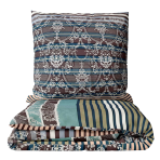 Bettwäsche set "Glimmer". Bettwäsche Baumwolle, 135/140x200 cm, 150x200 cm, 155/160x200 cm, 180x200 cm, 200x200 cm, 200x220 cm. Dunkles bettwäscheset mit horizontalen linien in koralle, grau, türkis, schwarz und hellen ornamenten.