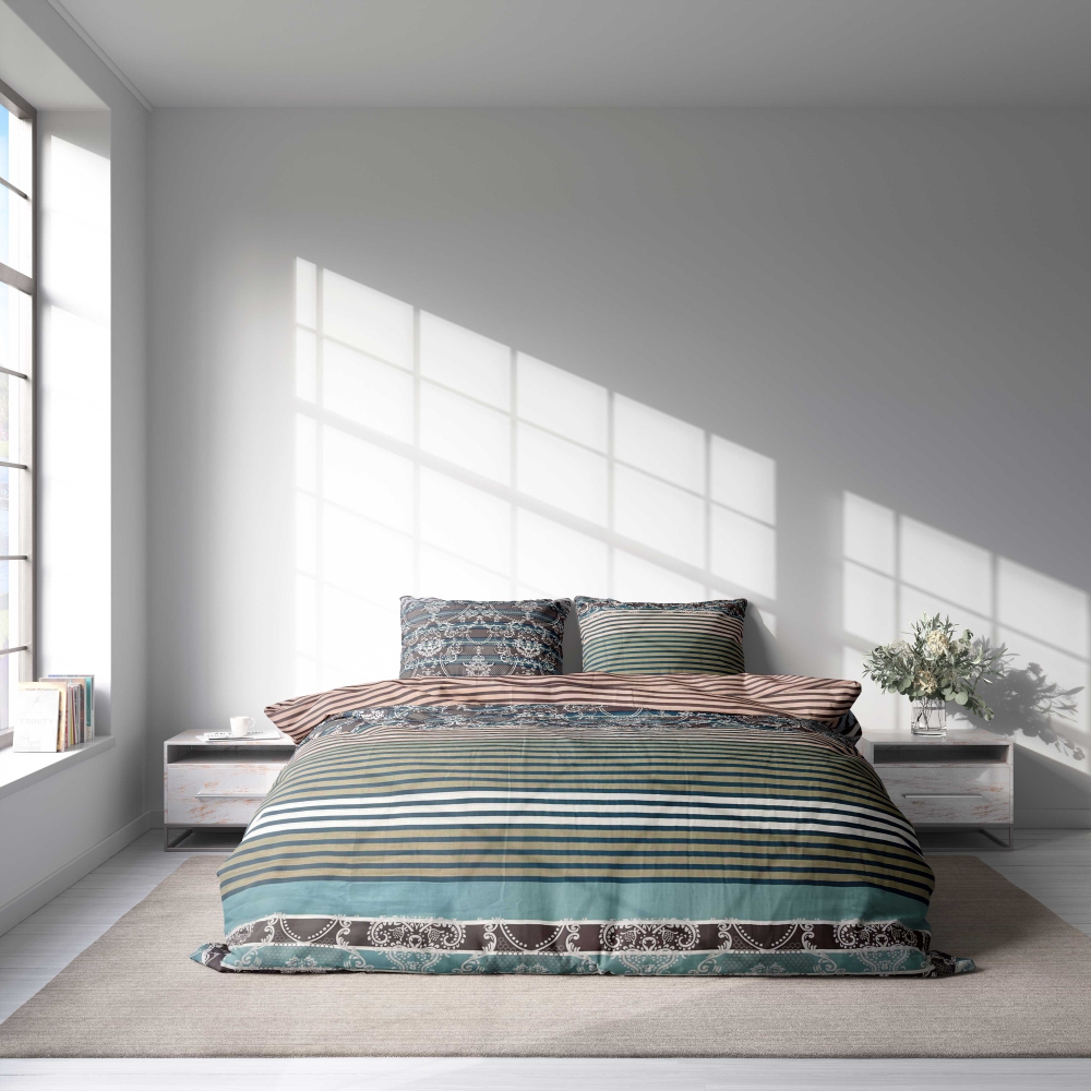 Bettwäsche set "Glimmer". Bettwäsche Baumwolle, 135/140x200 cm, 150x200 cm, 155/160x200 cm, 180x200 cm, 200x200 cm, 200x220 cm. Elegantes bettwäscheset mit dunklem grundton, hervorgehoben durch horizontale linien in verschiedenen farben und zarte helle ornamente.
