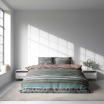 Bettwäsche set "Glimmer". Bettwäsche Baumwolle, 135/140x200 cm, 150x200 cm, 155/160x200 cm, 180x200 cm, 200x200 cm, 200x220 cm. Elegantes bettwäscheset mit dunklem grundton, hervorgehoben durch horizontale linien in verschiedenen farben und zarte helle ornamente.