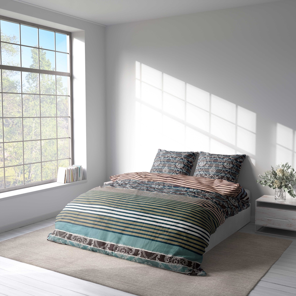 Bettwäsche set "Glimmer". Bettwäsche Baumwolle, 135/140x200 cm, 150x200 cm, 155/160x200 cm, 180x200 cm, 200x200 cm, 200x220 cm. Raffiniertes dunkles bettwäscheset mit korallenroten, grauen, türkisfarbenen und schwarzen linien und komplizierten hellen ornamenten verziert.