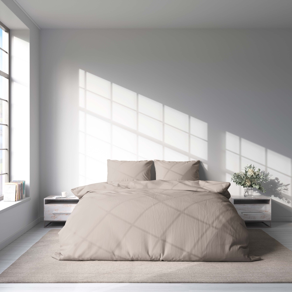 Bettwäsche set „Gray morn“. Bettwäsche für Hotels, 135/140x200 cm, 200x200 cm, 200x220 cm. Beige-graues bettwäscheset, das mit seinen weichen, neutralen farbtönen einen ruhigen und einladenden look für ihren schlafbereich bietet.
