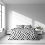 Bettwäsche set "Grey Retro Rings". Gemusterte Bettwäsche, 135/140x200 cm, 155/160x200 cm, 200x200 cm, 200x220 cm. Minimalistisches bettwäsche-design mit schwarzen kreisornamenten auf hellem hintergrund