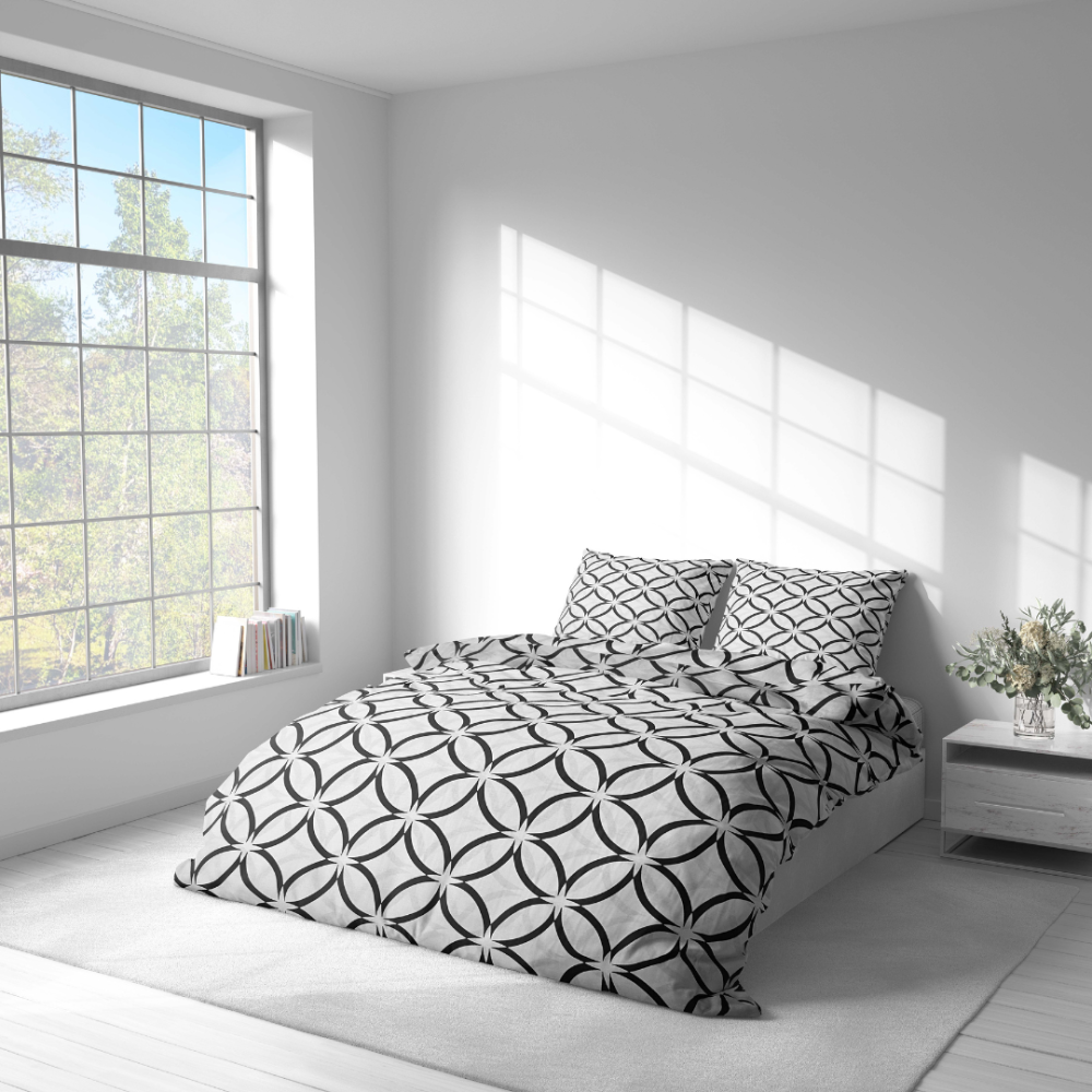 Bettwäsche set "Grey Retro Rings". Gemusterte Bettwäsche, 135/140x200 cm, 155/160x200 cm, 200x200 cm, 200x220 cm. Kontrastreiches graues bettwäsche-set mit schwarzen ringmotiven