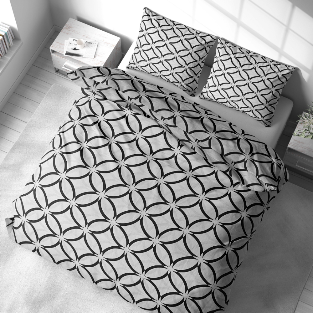 Bettwäsche set "Grey Retro Rings". Gemusterte Bettwäsche, 135/140x200 cm, 155/160x200 cm, 200x200 cm, 200x220 cm. Modernes schwarz-weißes design mit überlappenden schwarzen bögen auf weißer bettwäsche
