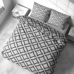 Bettwäsche set "Grey Retro Rings". Gemusterte Bettwäsche, 135/140x200 cm, 155/160x200 cm, 200x200 cm, 200x220 cm. Modernes schwarz-weißes design mit überlappenden schwarzen bögen auf weißer bettwäsche
