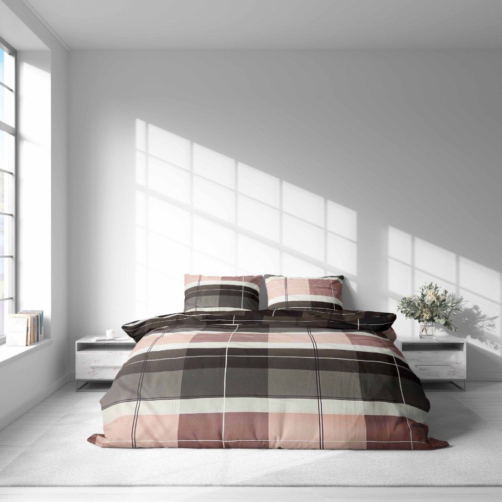 Bettwäsche set „Home Story“. Bettwäsche 140x200, 135/140x200 cm, 200x200 cm, 200x220 cm. Graue, dunkelgraue und braune bettwäsche mit einem einzigartigen kachelmuster in verschiedenen schattierungen, das ihrem zimmer tiefe und stil verleiht.