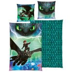 Bettwäsche set "How to train your dragon“. Kinderbettwäsche, 135x200 cm. Blaugrünes bettwäsche-set mit schwarzem drachen und auffallend grünen augen.