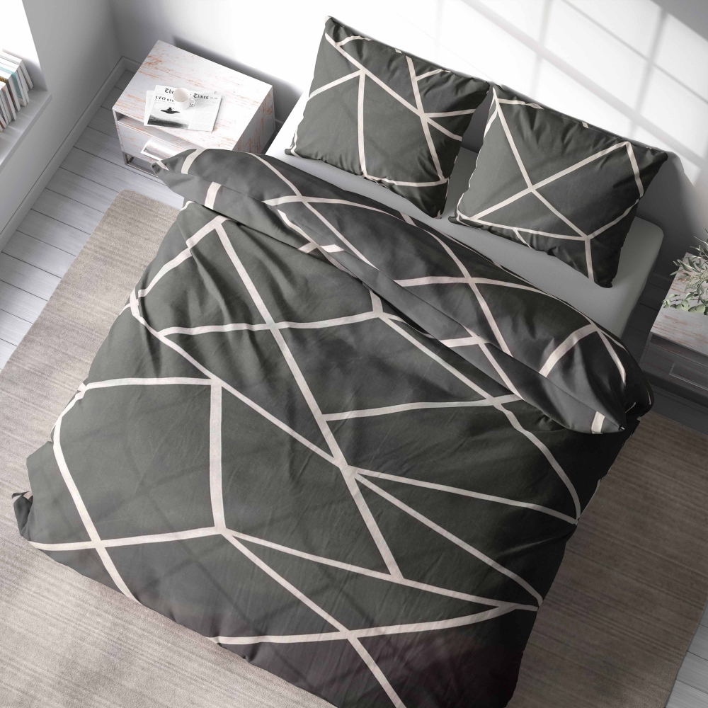 Bettwäsche set "Infiniel". Bettwäsche 140x200, 135/140x200 cm, 155/160x200 cm, 200x200 cm, 200x220 cm, 220x240 cm. Minimalistisches schlafzimmer mit dunkelgrauer bettwäsche, wobei die klaren weißen linien einen schönen kontrast zum satten grauen hintergrund bilden.