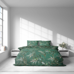 Bettwäsche set "Jade Leaves". Bettwäsche Baumwolle, 135/140x200 cm, 200x200 cm, 200x220 cm, 220x240 cm. Moderner botanischer look mit feinen kupferlinien auf grünem untergrund.