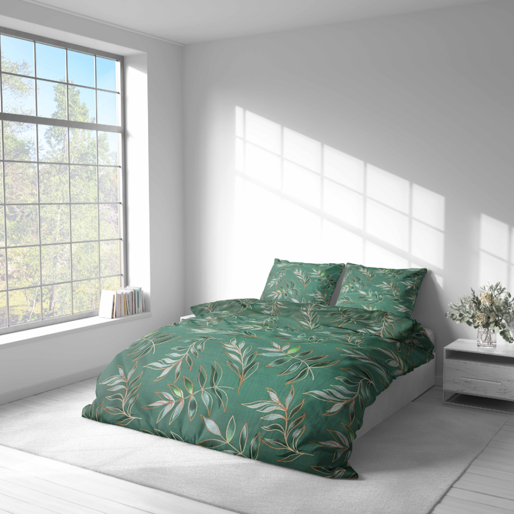 Bettwäsche set "Jade Leaves". Bettwäsche Baumwolle, 135/140x200 cm, 200x200 cm, 200x220 cm, 220x240 cm. Minimalistisches blattmuster in verschiedenen formen auf dunkelgrünem hintergrund.