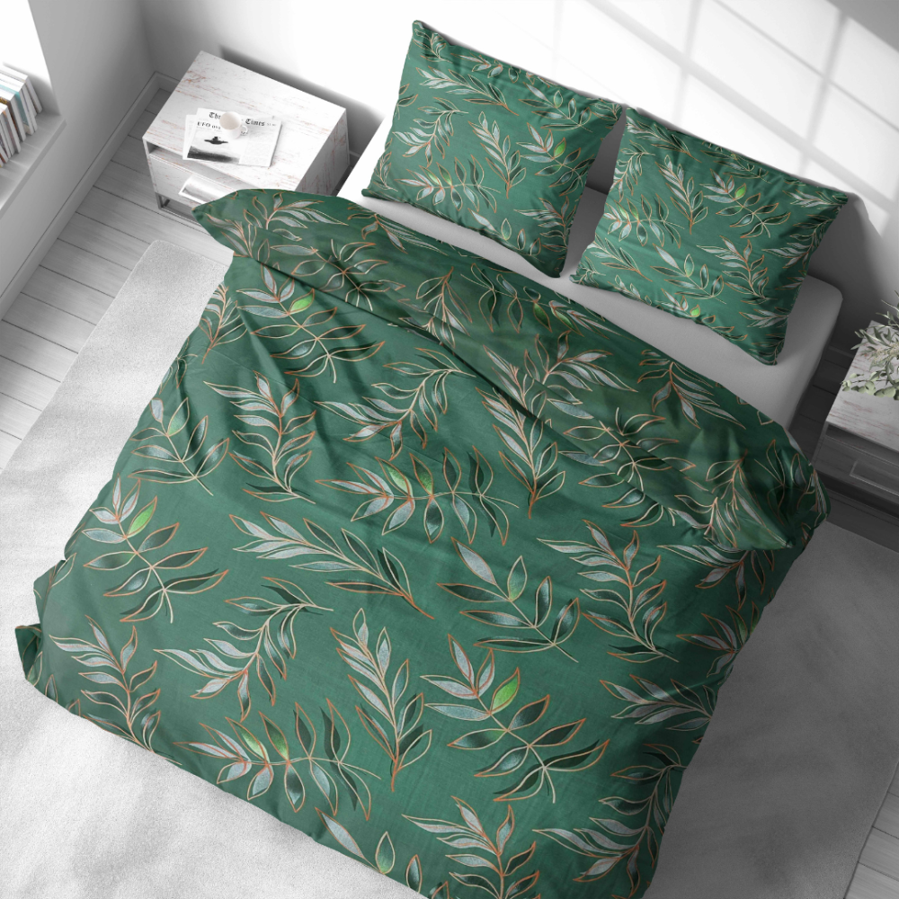 Bettwäsche set "Jade Leaves". Bettwäsche Baumwolle, 135/140x200 cm, 200x200 cm, 200x220 cm, 220x240 cm. Blattkonturen und silhouetten in goldenen und kupferfarbenen linien vor dunkelgrünem hintergrund.