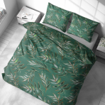 Bettwäsche set "Jade Leaves". Bettwäsche Baumwolle, 135/140x200 cm, 200x200 cm, 200x220 cm, 220x240 cm. Blattkonturen und silhouetten in goldenen und kupferfarbenen linien vor dunkelgrünem hintergrund.