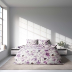 Bettwäsche set "Jasmine". Bettwäsche 140x200, 135/140x200 cm, 200x200 cm, 200x220 cm, 220x240 cm. Elegante bettwäsche mit violetten und weißen jasminblüten verziert.