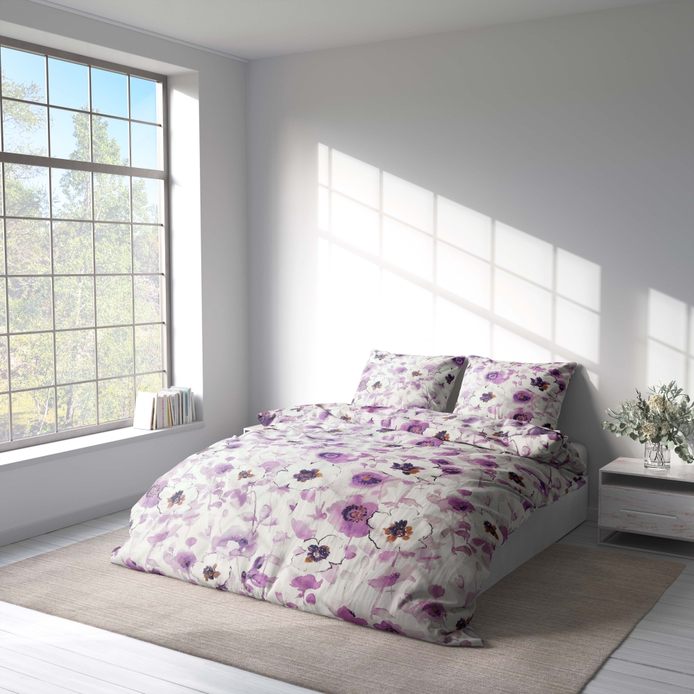 Bettwäsche set "Jasmine". Bettwäsche 140x200, 135/140x200 cm, 200x200 cm, 200x220 cm, 220x240 cm. Weißes bettwäscheset mit zarten lila und weißen jasminblüten.