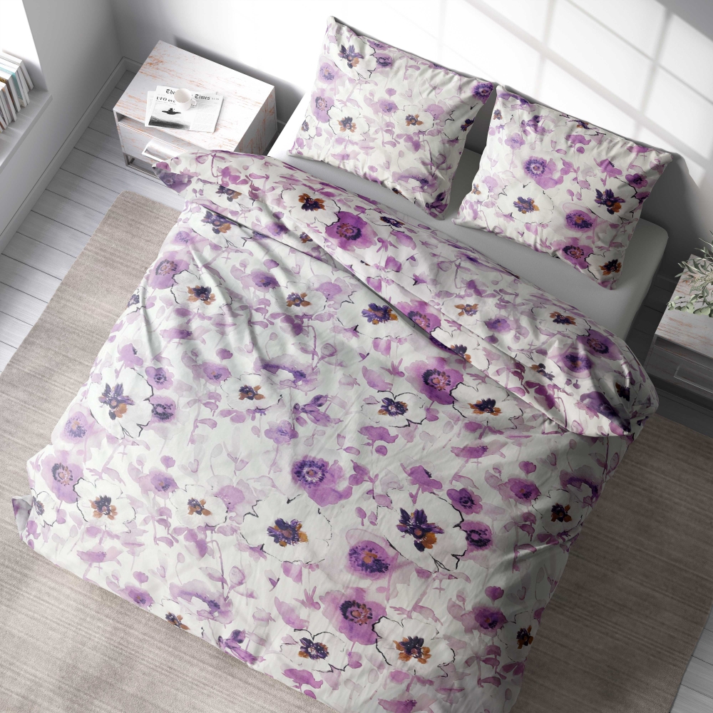 Bettwäsche set "Jasmine". Bettwäsche 140x200, 135/140x200 cm, 200x200 cm, 200x220 cm, 220x240 cm. Ruhige bettwäsche mit lila und weißen jasminblüten auf weiß.
