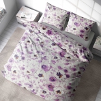 Bettwäsche set "Jasmine". Bettwäsche 140x200, 135/140x200 cm, 200x200 cm, 200x220 cm, 220x240 cm. Ruhige bettwäsche mit lila und weißen jasminblüten auf weiß.