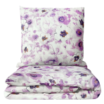 Bettwäsche set "Jasmine". Bettwäsche 140x200, 135/140x200 cm, 200x200 cm, 200x220 cm, 220x240 cm. Lila und weiße jasminblüten auf einem ruhigen weißlichen hintergrund