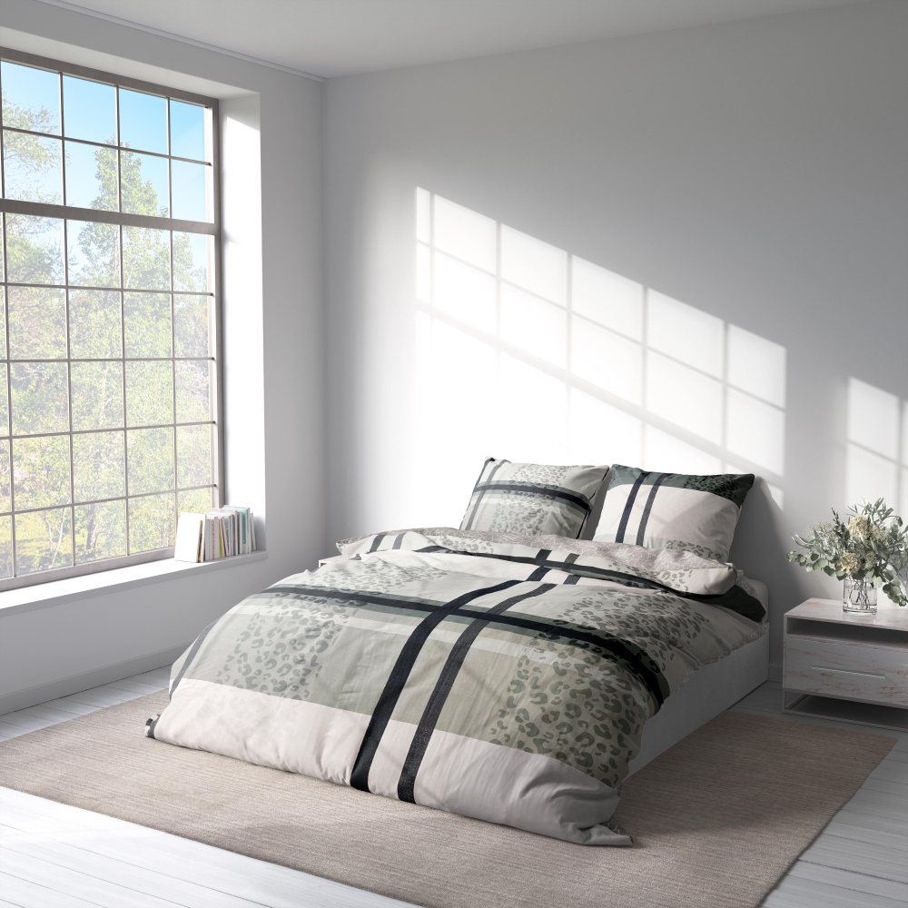 Bettwäsche set "Lane Luxe". Bettwäsche 140x200, 135/140x200 cm. Schickes bettwäscheset mit sich kreuzenden gitterlinien und einem auffälligen leopardenprint-akzent