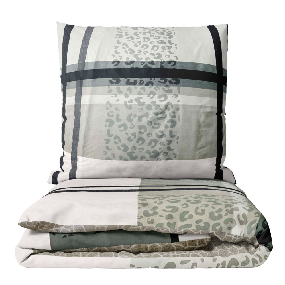 Bettwäsche set "Lane Luxe". Bettwäsche 140x200, 135/140x200 cm. Helles bettwäscheset mit horizontalen und vertikalen gittermustern, akzentuiert durch eine spalte mit leopardenmuster