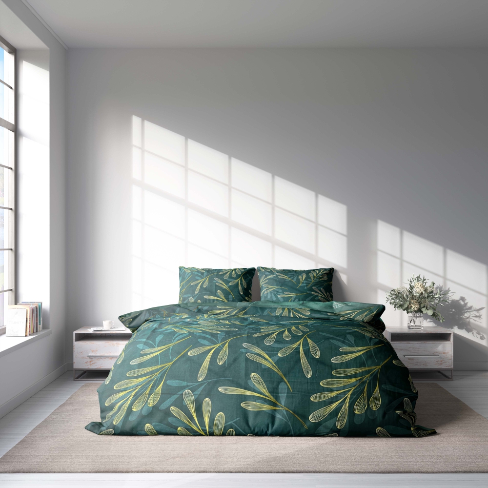 Bettwäsche set "Laurel". Bettwäsche 140x200, 135/140x200 cm, 200x200 cm, 200x220 cm. Luxuriöse dunkelgrüne bettwäsche mit verschlungenen blatt- und zweigmustern für ein heiteres ambiente