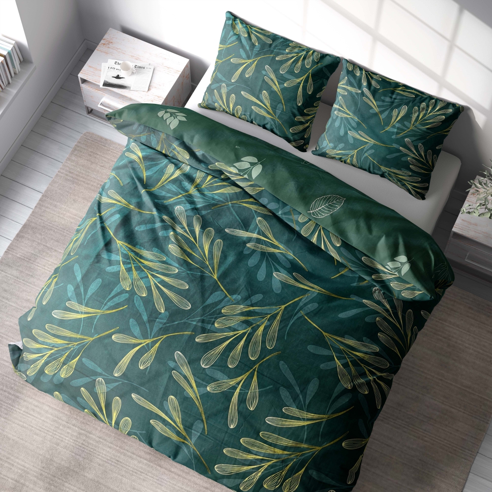 Bettwäsche set "Laurel". Bettwäsche 140x200, 135/140x200 cm, 200x200 cm, 200x220 cm. Verschönern sie ihren schlafraum mit diesem üppigen dunkelgrünen bettwäscheset mit botanischen motiven