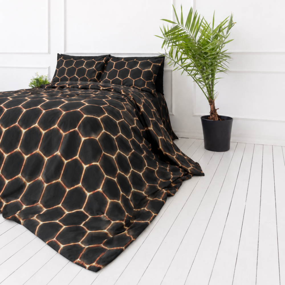 Bettwäsche set "Lavahive". Schwarze Bettwäsche, 135/140x200 cm, 150x200 cm, 155/160x200 cm, 180x200 cm, 200x200 cm, 200x220 cm. Bettwäsche-set-design auf schwarzem hintergrund, das an funken erinnert.