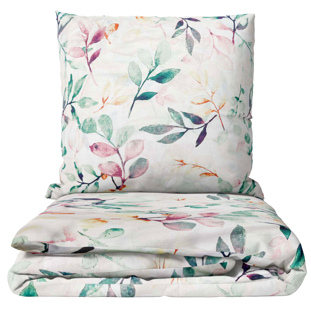 Bettwäsche set "Leaves Pastel". Bettwäsche Baumwolle, 135/140x200 cm, 200x200 cm, 200x220 cm. Bettwäsche mit blumen- und pflanzenmotiven, die ihrem schlafzimmer leichtigkeit und leben verleiht, ideal für eine frühlingshafte einrichtung.