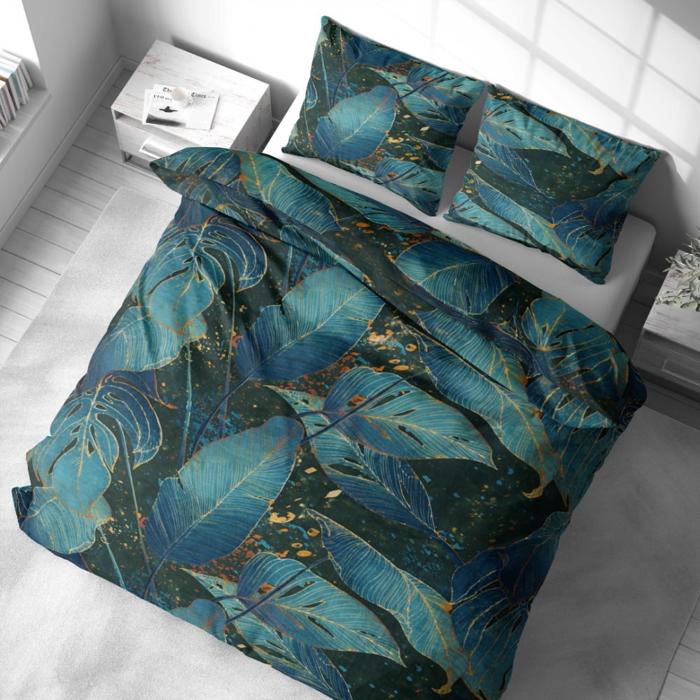 Bettwäsche set „Luminare“. Bettwäsche 155x200, 135/140x200 cm, 150x200 cm, 155/160x200 cm, 180x200 cm, 200x200 cm, 200x220 cm, 220x240 cm. Dunkelgrünes design mit exotischem blättermotiv.