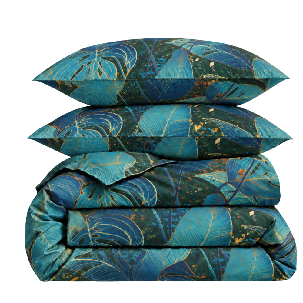 Bettwäsche set „Luminare“. Bettwäsche 155x200, 135/140x200 cm, 155x220 cm, 160x200 cm, 180x200 cm, 200x200 cm, 200x220 cm, 220x240 cm. Bettwäsche in dunklem grünton mit tropischem blattdesign. Bettwäsche set „Luminare“. Bettwäsche 155x200, 135/140x200 cm, 155x220 cm, 160x200 cm, 180x200 cm, 200x200 cm, 200x220 cm, 220x240 cm. Bettwäsche in dunklem grünton mit tropischem blattdesign.