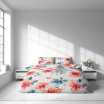 Bettwäsche set "Miraflores". Bettwäsche 140x200, 135/140x200 cm, 155/160x200 cm, 200x200 cm, 200x220 cm, 220x240 cm. Stoffmuster im aquarellstil, das frei angeordnete bunte blumen und blätter zeigt.