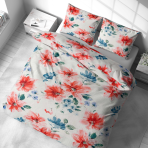 Bettwäsche set "Miraflores". Bettwäsche 140x200, 135/140x200 cm, 155/160x200 cm, 200x200 cm, 200x220 cm, 220x240 cm. Frisches und elegantes stoffmotiv mit einer kombination aus roten, blauen und grünen blumen.