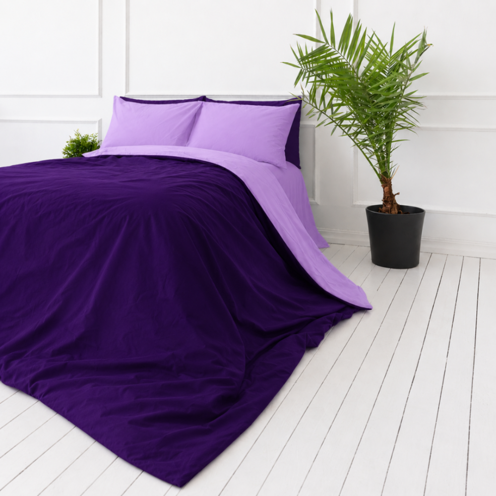Bettwäsche set „Orchid Pansy“. Bettwäsche 155x200, 135/140x200 cm, 150x200 cm, 155/160x200 cm, 180x200 cm, 200x200 cm, 200x220 cm, 220x240 cm. Einfärbiges bettwäsche-set in lavendel mit tiefem purpurkontrast.