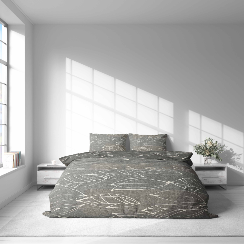 Bettwäsche set "Painted Breeze". Bettwäsche 140x200, 135/140x200 cm, 200x200 cm, 200x220 cm. Tilvolles graues bettwäsche-set mit künstlerischen blätterdesigns, perfekt für alle, die eine ruhige und kreative schlafzimmerästhetik suchen.