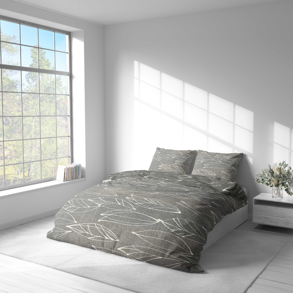 Bettwäsche set "Painted Breeze". Bettwäsche 140x200, 135/140x200 cm, 200x200 cm, 200x220 cm. Elegantes graues bettwäsche-set, verziert mit zart gezeichneten blättern, das ihrer schlafumgebung einen von der natur inspirierten charme verleiht.