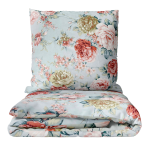 Bettwäsche set "Peony". Bettwäsche 140x200, 135/140x200 cm, 200x200 cm, 200x220 cm. Bläuliches bettwäscheset mit leuchtenden pfingstrosen in rosa- und sandtönen.