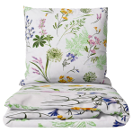 Bettwäsche set "Primavera". Bettwäsche 155x200, 135/140x200 cm, 150x200 cm, 155/160x200 cm, 180x200 cm, 200x200 cm, 200x220 cm, 220x240 cm. Weißes bettwäsche-set mit grünen blättern und bunten wiesenblumen