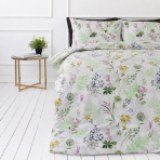 Bettwäsche set "Primavera". Bettwäsche 155x200, 135/140x200 cm, 150x200 cm, 155/160x200 cm, 180x200 cm, 200x200 cm, 200x220 cm, 220x240 cm. Weiße bettwäsche mit grünen pflanzenmotiven und sanften blumendetails