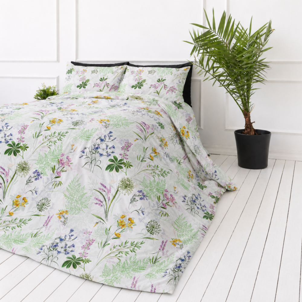 Bettwäsche set "Primavera". Bettwäsche 155x200, 135/140x200 cm, 150x200 cm, 155/160x200 cm, 180x200 cm, 200x200 cm, 200x220 cm, 220x240 cm. Helles bettwäsche-set mit zartem botanischem blumenmuster
