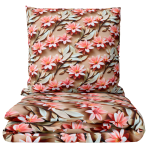 Bettwäsche set "Rosy Whisper". Bettwäsche 155x200, 135/140x200 cm, 150x200 cm, 155/160x200 cm, 180x200 cm, 200x200 cm, 200x220 cm, 220x240 cm. Sandfarbenes bettwäsche-set mit korallroten blüten und hellen blättern.