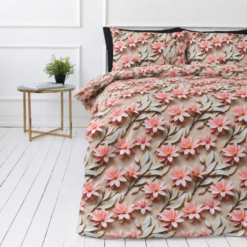 Bettwäsche set "Rosy Whisper". Bettwäsche 155x200, 135/140x200 cm, 150x200 cm, 155/160x200 cm, 180x200 cm, 200x200 cm, 200x220 cm, 220x240 cm. Bettwäsche-set mit rosa-korallfarbenen blüten auf einem warmen sandton.