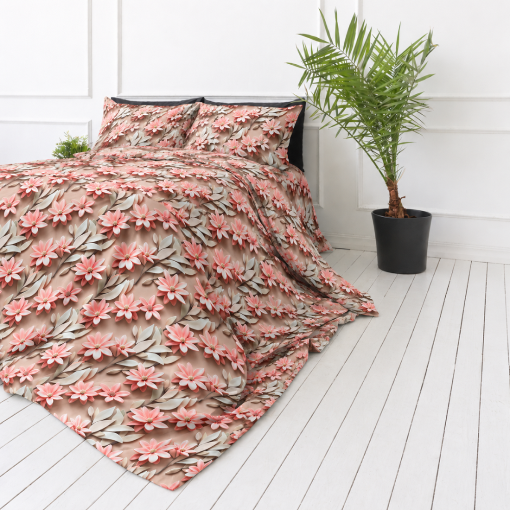 Bettwäsche set "Rosy Whisper". Bettwäsche 155x200, 135/140x200 cm, 150x200 cm, 155/160x200 cm, 180x200 cm, 200x200 cm, 200x220 cm, 220x240 cm. Florales bettwäsche-set mit korallblüten und zarten cremefarbenen blättern.