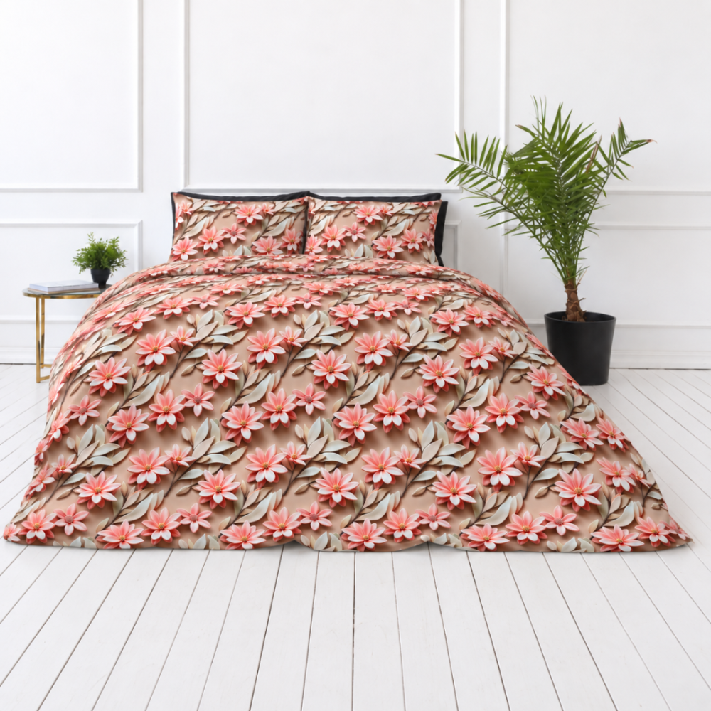 Bettwäsche set "Rosy Whisper". Bettwäsche 155x200, 135/140x200 cm, 150x200 cm, 155/160x200 cm, 180x200 cm, 200x200 cm, 200x220 cm, 220x240 cm. Bettwäsche-set in warmen sand- und korallnuancen mit floralem design.