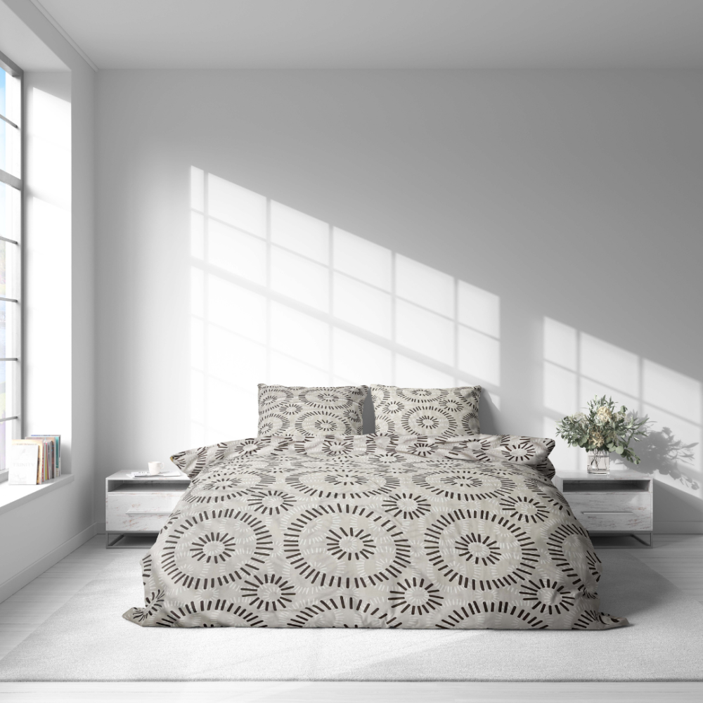 Bettwäsche set "Round Robin". Bettwäsche 140x200, 135/140x200 cm, 200x200 cm, 200x220 cm. Bettwäsche-set in schwarz und weiß mit symmetrischen runden mustern.