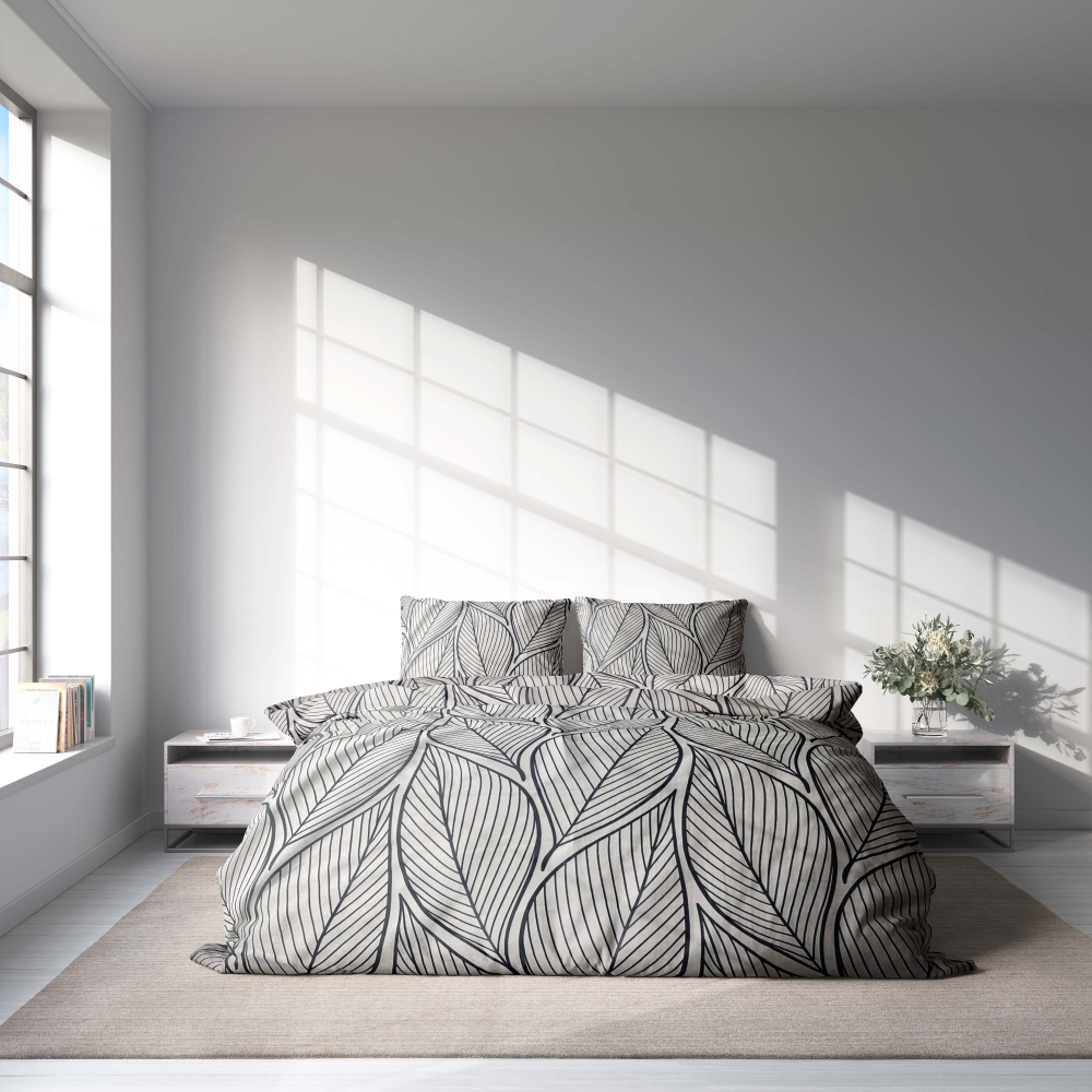 Bettwäsche set "Shadowleaf". Bettwäsche 140x200, 135/140x200 cm, 200x200 cm, 200x220 cm, 220x240 cm. Elegantes graues bettwäscheset mit großen schwarzen blättern, perfekt für einen stilvollen und modernen schlafzimmer-look.