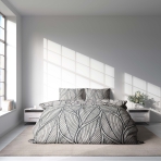 Bettwäsche set "Shadowleaf". Bettwäsche 140x200, 135/140x200 cm, 200x200 cm, 200x220 cm, 220x240 cm. Elegantes graues bettwäscheset mit großen schwarzen blättern, perfekt für einen stilvollen und modernen schlafzimmer-look.