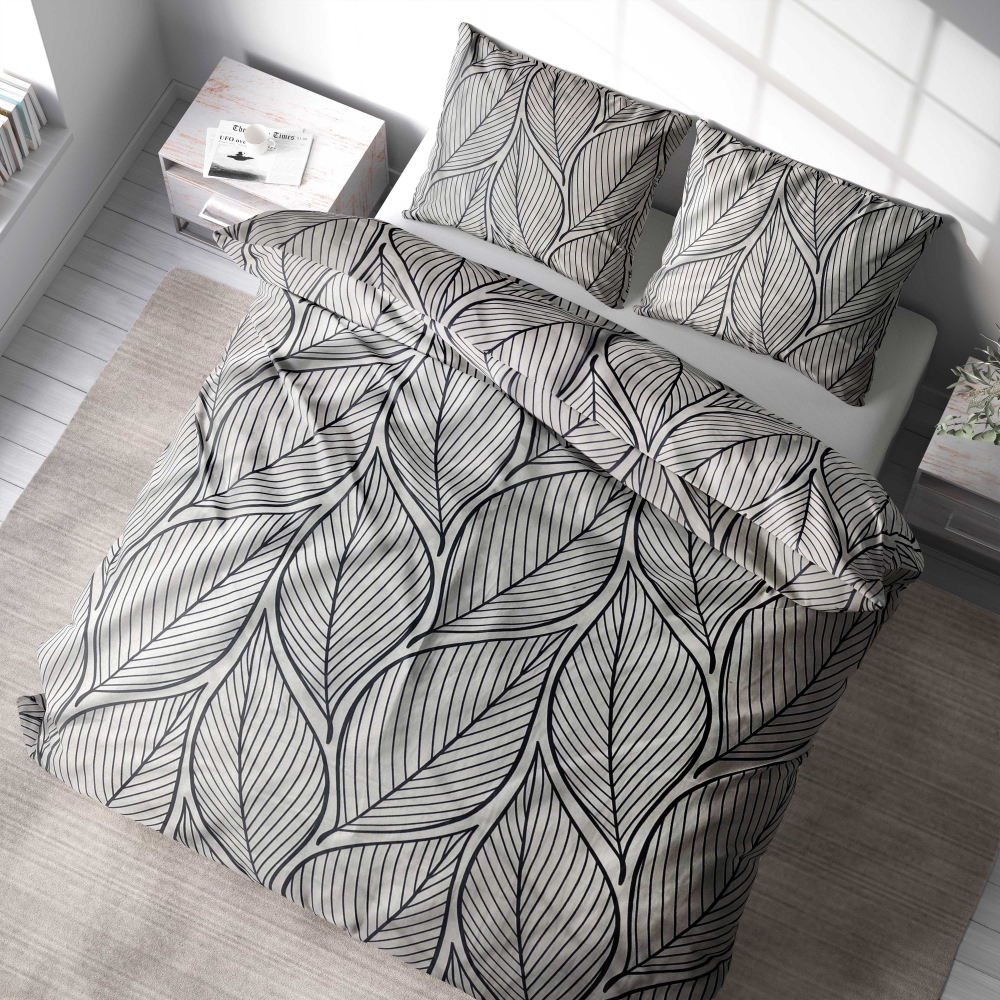 Bettwäsche set "Shadowleaf". Bettwäsche 140x200, 135/140x200 cm, 200x200 cm, 200x220 cm, 220x240 cm. Modernes graues bettwäscheset mit auffälligen schwarzen blättern, das einen einzigartigen und trendigen akzent für ihr schlafzimmerdekor bietet.