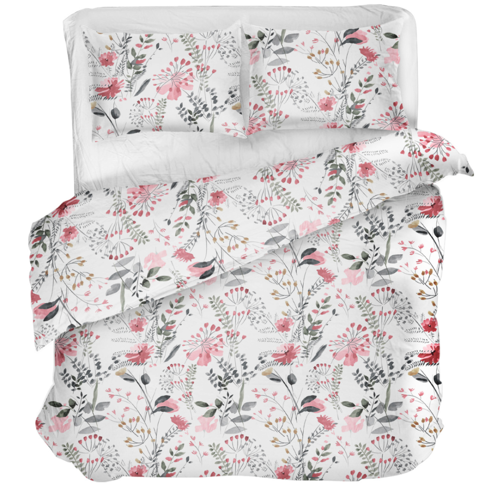 Bettwäsche set "Sparkling Flowers". Bettwäsche 140x200, 135/140x200 cm, 200x200 cm, 200x220 cm. Bettwäscheset mit rosa, grauem und gelblichem wildblumenmuster auf weißem hintergrund.