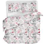Bettwäsche set "Sparkling Flowers". Bettwäsche 140x200, 135/140x200 cm, 200x200 cm, 200x220 cm. Bettwäscheset mit rosa, grauem und gelblichem wildblumenmuster auf weißem hintergrund.