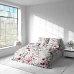 Bettwäsche set "Sparkling Flowers". Bettwäsche 140x200, 135/140x200 cm, 200x200 cm, 200x220 cm. Decke und kissenbezüge mit aquarellstil‑rosen und grünen blättern.